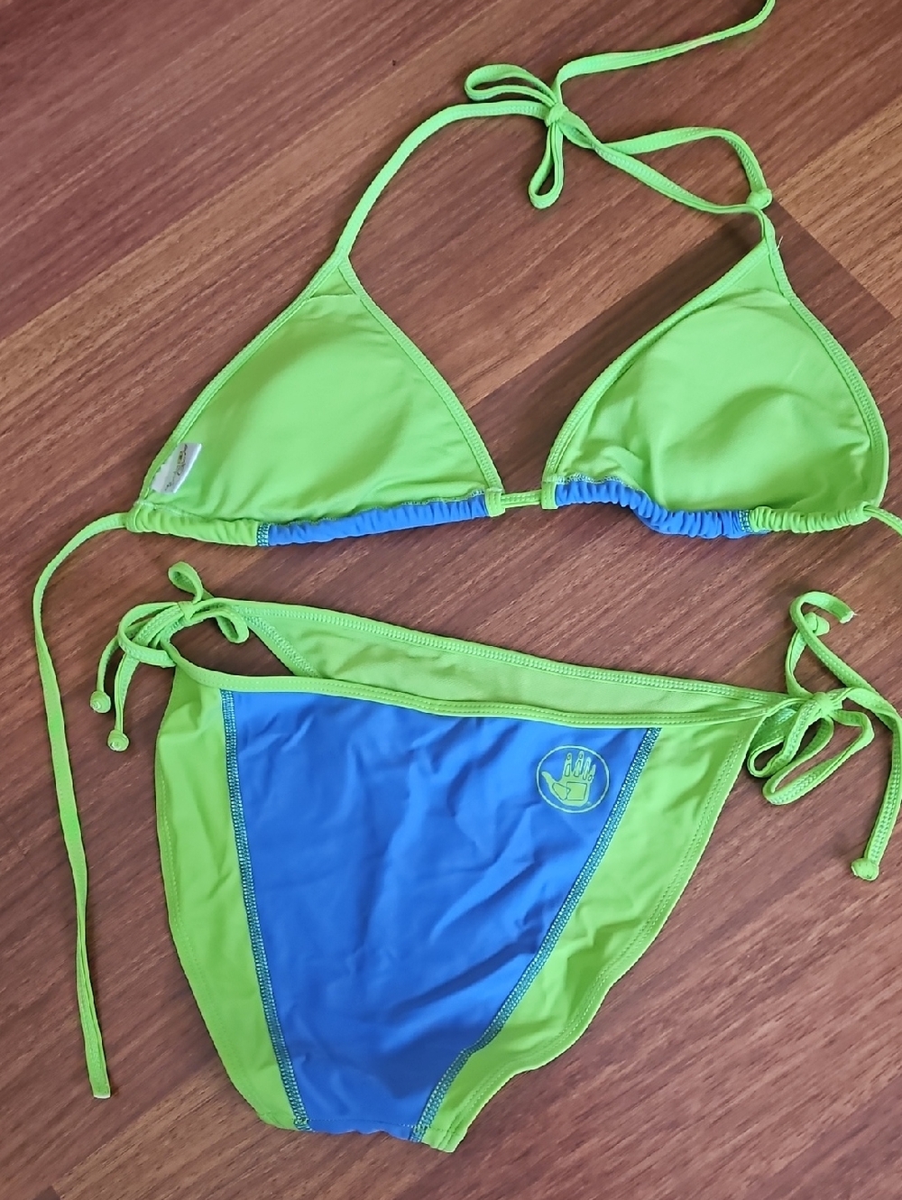 BODY GLOVE String Bikini Dita Triangle Top & Side Tie Bottoms Green & Blue Med - Picture 4 of 12